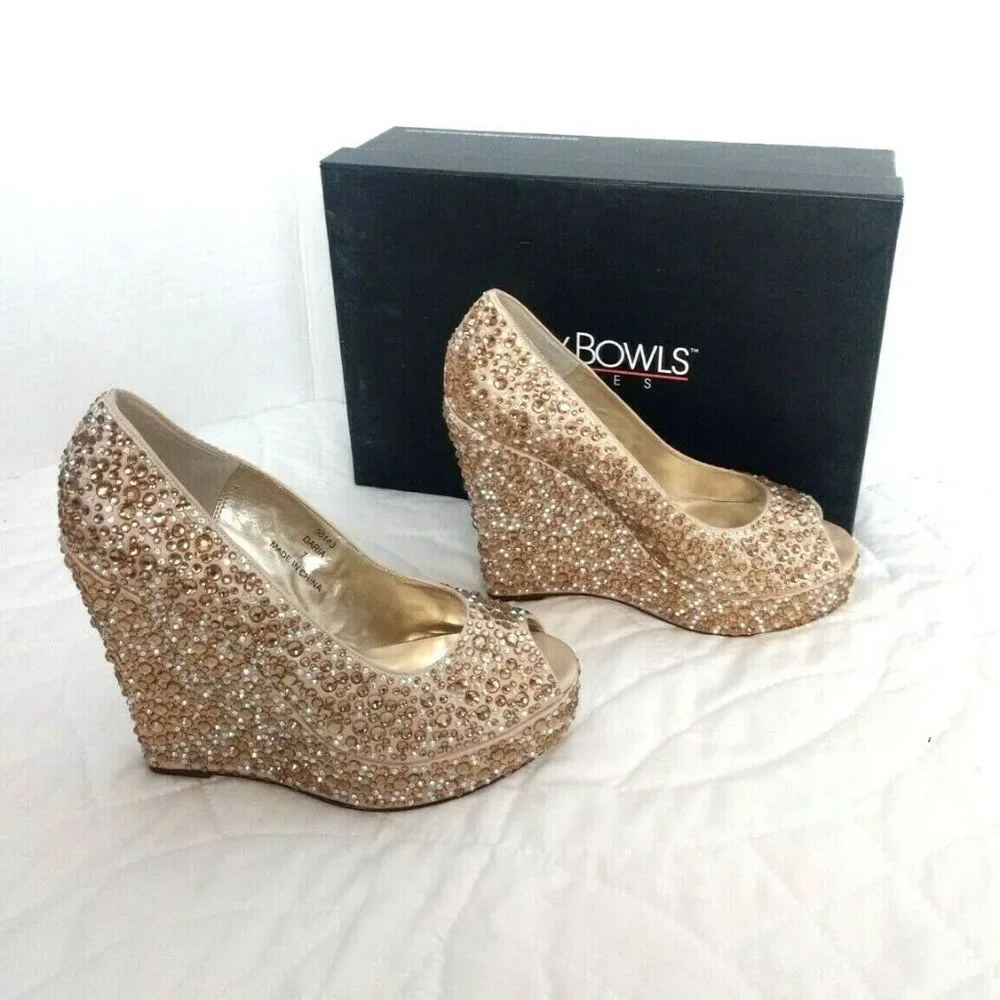 Tony Bowls Prom Formal Pageant Bridal Wedding Shoes Heels Size 7 Gold Bling - Picture 3 of 10